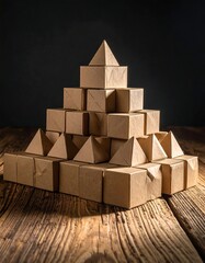 Pyramid structure of cardboard boxes against a dark backdrop