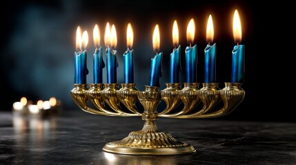 A lit blue candle holder with nine candles