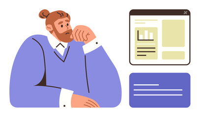Man with beard, relaxed pose, contemplating data in an open browser window. Ideal for analysis, strategy, planning, decision-making, productivity, workplace reflection simple flat metaphor