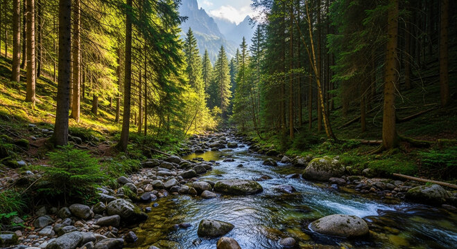 Picturesque mountain stream flowing through a lush green forest with tall trees and sunlight in the background