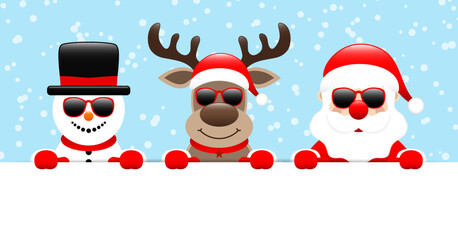 Schneemann Rentier Und Weihnachtsmann Sonnenbrille Halten Horizontales Banner Blau
