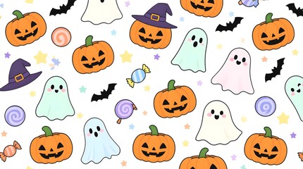 Fototapeta premium Cute Halloween pattern with pumpkins, ghosts, candy, and bats perfect for festive designs, invitations, or spooky party decorations