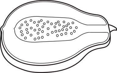 Papaya fruit cut in half line art drawing. Outline vector illustration of tropical fruit with seeds. Healthy food icon, isolated on white.