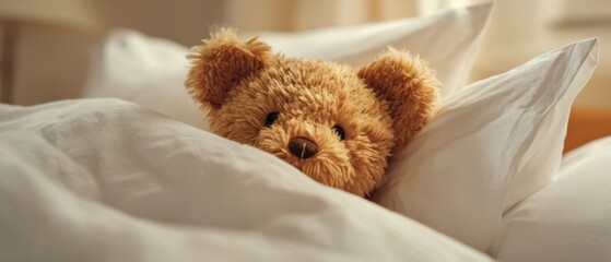 The Teddy Bear Snuggled in Cozy White Bed Linen at Morning Light