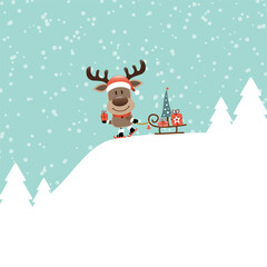 Rentier Auf Berg Mit Schlitten Im Wald Schnee Türkis