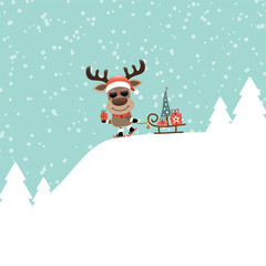 Rentier Sonnenbrille Auf Berg Mit Schlitten Im Wald Schnee Türkis