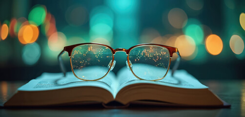 Eyeglasses with lens reflecting financial data graphs and charts on open book pages. Book lies on table with blurred city lights background at night. Financial analysis and investment concept.