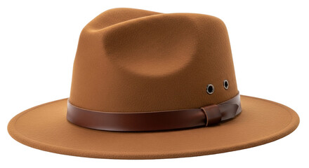 Isolated brown felt fedora hat with a leather band for a man or woman, style fashion