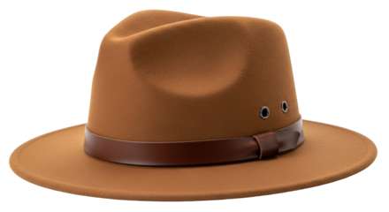 Isolated brown felt fedora hat with a leather band for a man or woman, style fashion