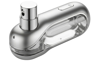 Portable pocket sanitizer spray dispenser in a modern chrome case on a transparent background