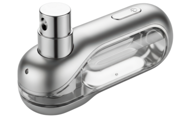 Portable pocket sanitizer spray dispenser in a modern chrome case on a transparent background