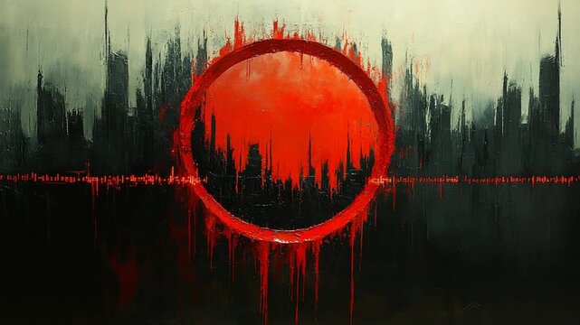Dark Dystopian Cityscape with a Dripping Red Circle.
