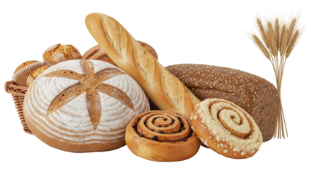 Isolated assortment of bakery items, including bread, rolls, and muffins, with wheat stalks