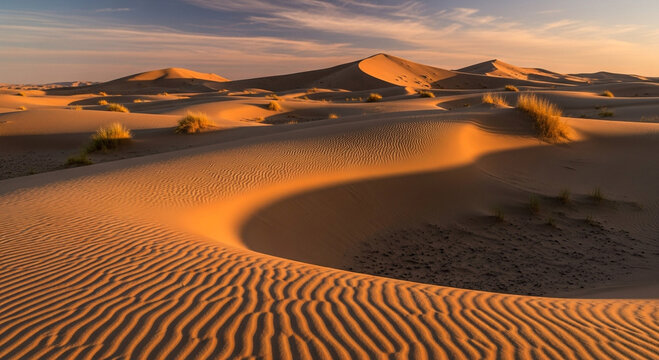 Golden hour illuminates the rippled sand dunes of the sahara desert, creating a serene and captivating desert landscape