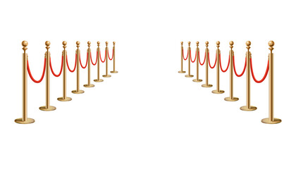 Barriers with red rope line. VIP zone, closed event restriction. Realistic image of golden poles with velvet rope. Isolated on white background © the8monkey