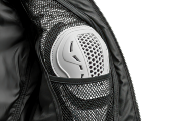 Motorcycle jacket with removable elbow protector armor for safety on a transparent background