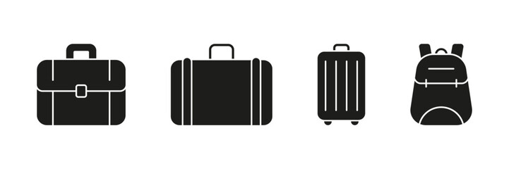 Luggage And Bag Solid Icon Set. Travel, Business, And School Bag Silhouette Symbol Collection. Briefcase, Suitcase, Trolley, And Backpack Icons. Isolated Vector Illustration
