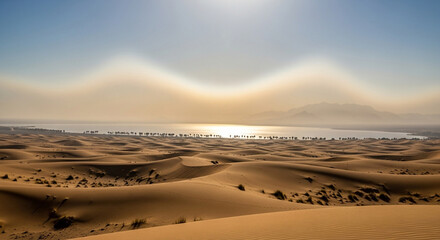 A mesmerizing view of the desert landscape with sand dunes and a shimmering lake under a bright, clear sky at sunrise