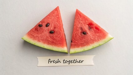 Two triangular watermelon slices on a white surface