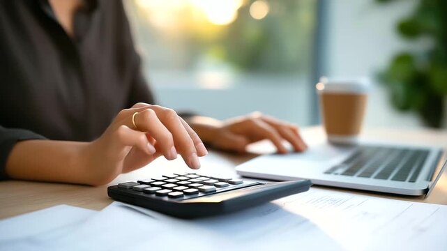 A businesswoman uses a calculator for tax return calculations filling out VAT forms on a laptop her desk with financial papers and a coffee cup morning light streaming in tax