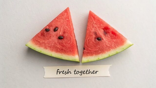 Two triangular watermelon slices on a white surface