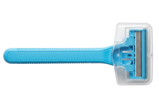 Blue disposable shaving razor with a triple blade and a clear cap on a transparent background