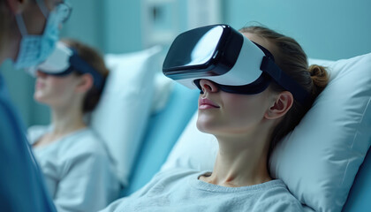 Woman uses vr headset in hospital bed monitored by doctor. Virtual reality therapy for patient recovery in clinic. Girl lies wearing headset. Healthcare solution using modern advanced medical tech