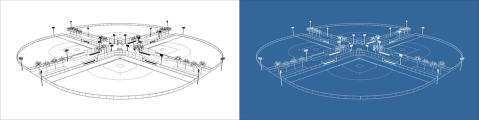 Vector technical drawing of a clover-shaped baseball field complex in isometric view