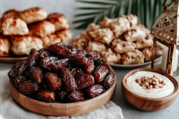 A beautiful dessert table showcases golden trays filled with juicy dates, surrounded by traditional pastries. This setup is perfect for a festive celebration or gathering