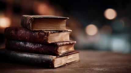 A stack of old leather bound books resting on a wooden surface with soft bokeh lighting