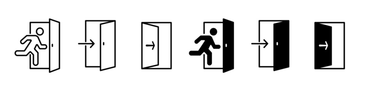 Exit door icon set. Evacuation,  emergency exit symbol. Vector illustration. 