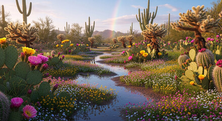Lush desert oasis with blooming cacti, wildflowers, and a gentle stream reflecting a rainbow under a clear sky, a vibrant scene