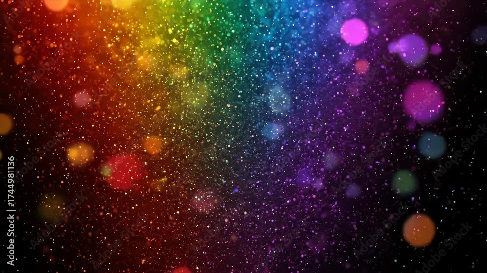 Wall mural colorful glitter particles floating in a rainbow light. abstract background with sparkling dust and 