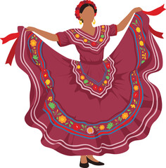 Mexican woman in traditional Jalisco dress dancing gracefully isolated on transparent background