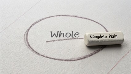Simple Concept of Wholeness Represented by a Circle and Chalk on Paper with Words Complete and Plain in Focus