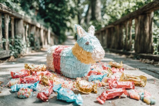 Guests celebrate at a joyful birthday party with a colorful donkey-shaped piñata surrounded by scattered candy. The setting is a bright outdoor area with greenery