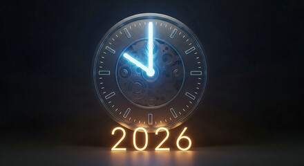 A futuristic clock face with glowing blue hands and roman numerals, set against a dark background, with the year 2026 illuminated in bright orange neon lights, symbolizing the upcoming new year