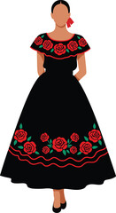 Elegant Mexican woman in black traditional dress with red rose embroidery isolated