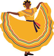 Mexican folkloric dancer in yellow traditional dress isolated on transparent background