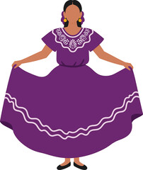 Mexican woman in purple folkloric traditional dress isolated on transparent background