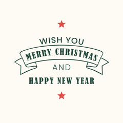 Vintage Merry Christmas and Happy New Year greeting with stars and ribbon holiday celebration