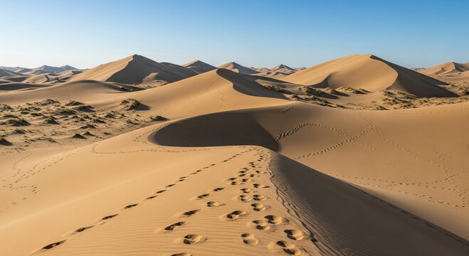 Sand dunes in the sahara desert with footprints in the sand and a clear blue sky in morocco, north africa on a sunny day