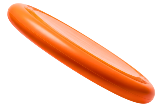 Orange plastic flying disc for outdoor recreational sports games on a transparent background