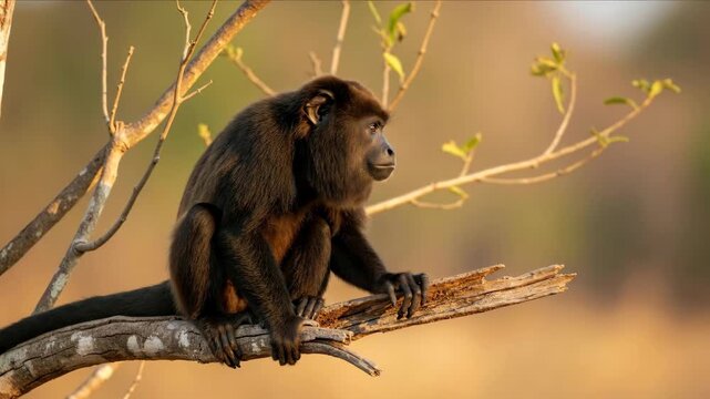 A howler monkey sits on a tree branch in the warm golden hour light. Close-up of a wild primate looking around in its natural forest habitat. Wildlife and nature concept