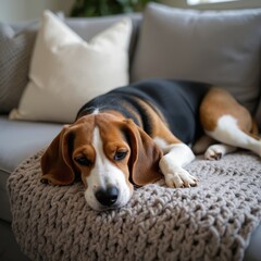 Beagle dog rests on a plush couch. This pet enjoys a lazy day indoors, lounging comfortably on soft cushions. Peaceful animal is domestic and content, a furry companion.