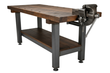 Heavy-duty industrial workbench with a thick wood top and vise on a transparent background