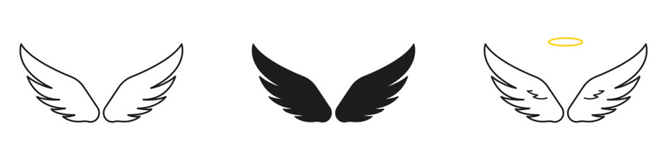 Fantasy Feather Angel Wings Line And Solid Icon Set. Dynamic Sacred Symbols With Halo And Ascension Motifs For Magical Celestial Themes. Symbol Collection. Isolated Vector Illustration
