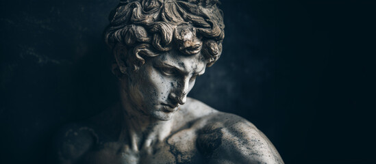 Dramatic antique sculpted male bust. AI artwork digital illustration.