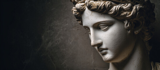 Rough textured wall background with antique sculpted female bust. Empty copy space. AI artwork digital illustration.