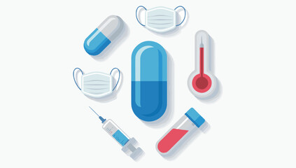 Medical supplies collection featuring pills masks syringe thermometer and test tubes for health